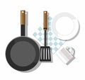 Kitchen utensils. Plate, mug, shovel, frying pan, napkin. Top view