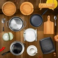 Kitchen utensils. Pots, pans, plates. 3d vector