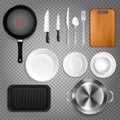 Kitchen utensils realistic set top view with cutlery knives plates cutting board frying pan transparent Royalty Free Stock Photo