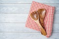 Kitchen utensils with red checked tablecloth on rustic wooden table Kitchen, cooking or baking mock up background for design Royalty Free Stock Photo