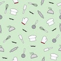 Kitchen utensils seamless pattern on green background, kitchen tools cooking equipment Royalty Free Stock Photo