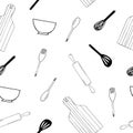 Kitchen utensils seamless pattern. wallpaper, textiles. hand drawn doodle style. vector, minimalism, monochrome, sketch. fork, Royalty Free Stock Photo