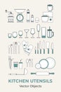 Kitchen utensils set concept vector isolated. Kitchenware glassware cutlery home restaurant. Line illustration logo icon Royalty Free Stock Photo