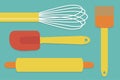 Kitchen utensils set. Cooking baking Chef tools. Silicone spatula, brush, whisk, rolling pin icon. Bakery equipment. Yellow handle