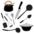 kitchen utensils set flat cutlery spoons forks knife ladle teapot saucepan cooking tools flat style cook equipment