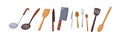 Kitchen utensils set. Kitchenware, cooking tools. Wood spatula, soup ladle with handle, cutlery, metal chopper, frying