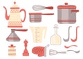 Kitchen utensils set. Kitchenware, cookware, kitchen tools collection. Modern kitchen utensil icons in arabic style. Flat 