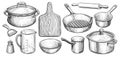 Kitchen utensils set in vintage engraving style. Cooking concept. Sketch illustration Royalty Free Stock Photo