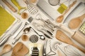 Kitchen utensils set on wooden texture background Royalty Free Stock Photo