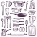 Kitchen utensils. Sketch cooking tools. Pan, knife and fork, spoon and grater, cup and glass, cutting board hand drawing