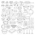 Kitchen utensils, spoon, fork, knife, kettle, pitcher, mug, whisk, ladle, plate, bowl. Line art Royalty Free Stock Photo