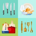 Kitchen utensils and tools web banner vector illustration. Kitchenware for cooking food from glass, porcelain and Royalty Free Stock Photo