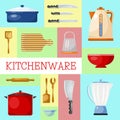 Kitchen utensils and tools web banner vector illustration. Kitchenware for cooking food from glass, porcelain and Royalty Free Stock Photo