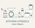 Kitchen utensils vector isolated set. Coffee grinder kitchen scales pepper salt mill mixer timer egg line illustration