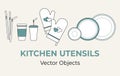 Kitchen utensils vector isolated set. Plastic plates, straws, potholders, disposable paper cups line illustration logo Royalty Free Stock Photo