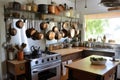 kitchen, with vintage pots and pans hanging above a modern stove