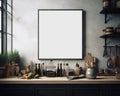 Kitchen wall art mockup for wall decor, blank mock up poster picture frame in dark kitchen interior, wooden counter and grey wall