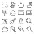 Kitchen ware icons set vector illustration. Contains such icon as Knife, Orange squeeze, Pan, Timer and more. Expanded Stroke Royalty Free Stock Photo