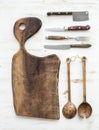 Kitchen-ware set. Old rustic chopping board made Royalty Free Stock Photo