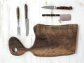 Kitchen-ware set. Old rustic chopping board made Royalty Free Stock Photo