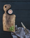 Kitchen-ware set. Old rustic chopping board made Royalty Free Stock Photo