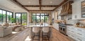 a kitchen with white cabinets , stainless steel appliances , wooden floors and a large island Royalty Free Stock Photo