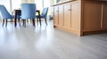 A kitchen with white hardwood floors and blue chairs, AI