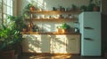 A kitchen with a white refrigerator, wooden cabinets, and various plants Royalty Free Stock Photo