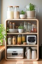 A kitchen white wall with shelves topped with lots of bottles, bowls and jars with spices and products