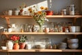 A kitchen white wall with shelves topped with lots of bottles, bowls and jars with spices and products