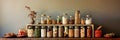 A kitchen white wall with shelves topped with lots of bottles, bowls and jars with spices and products