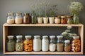 A kitchen white wall with shelves topped with lots of bottles, bowls and jars with spices and products