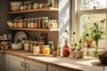 A kitchen white wall with shelves topped with lots of bottles, bowls and jars with spices and products