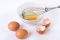 Whisking Magic: Kitchen Wire Whisk Mixing Chicken Eggs in a Ceramic Bowl