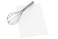 Kitchen Wire Whisk Eggs Beater over Blank Recipe Paper. 3d Rendering