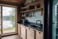 A kitchen with wooden cabinets and black counter tops. Generative AI image. Tiny house, houseboat interior.