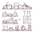 Kitchen wooden shelves with different tools. Hand drawn vector illustration isolate on white background