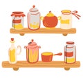 Kitchen wooden shelves with glass jars. Delicious canned food, organic nutrition, homemade preserves, home preservation. Different Royalty Free Stock Photo