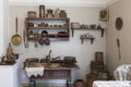 Kitchen. Wooden shelves lined