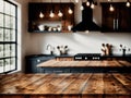 A kitchen with a wooden table and chairs, a stove, and a refrigerator.