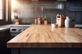 Kitchen wooden table top and kitchen blur background interior style scandinavian Royalty Free Stock Photo