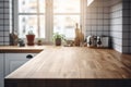 Kitchen wooden table top and kitchen blur background interior style scandinavian Royalty Free Stock Photo