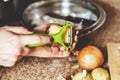 Cleaning potatoes. Woman`s hands clean potatoes special tool