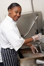 Kitchen Worker Washing Up In Restaurant