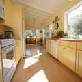 A kitchen with yellow cabinets and white appliances in a sunny room, AI Royalty Free Stock Photo