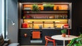 kitchenette with open shelving, matte black finishes, compact dining, vibrant color accen