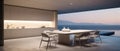 Kitchenroom with dining table set and ocean view in sunrise or sunset by generate AI.
