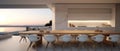 Kitchenroom with dining table set and ocean view in sunrise or sunset by generate AI.