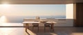 Kitchenroom with dining table set and ocean view in sunrise or sunset by generate AI.