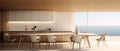 Kitchenroom with dining table set and ocean view in sunrise or sunset by generate AI.